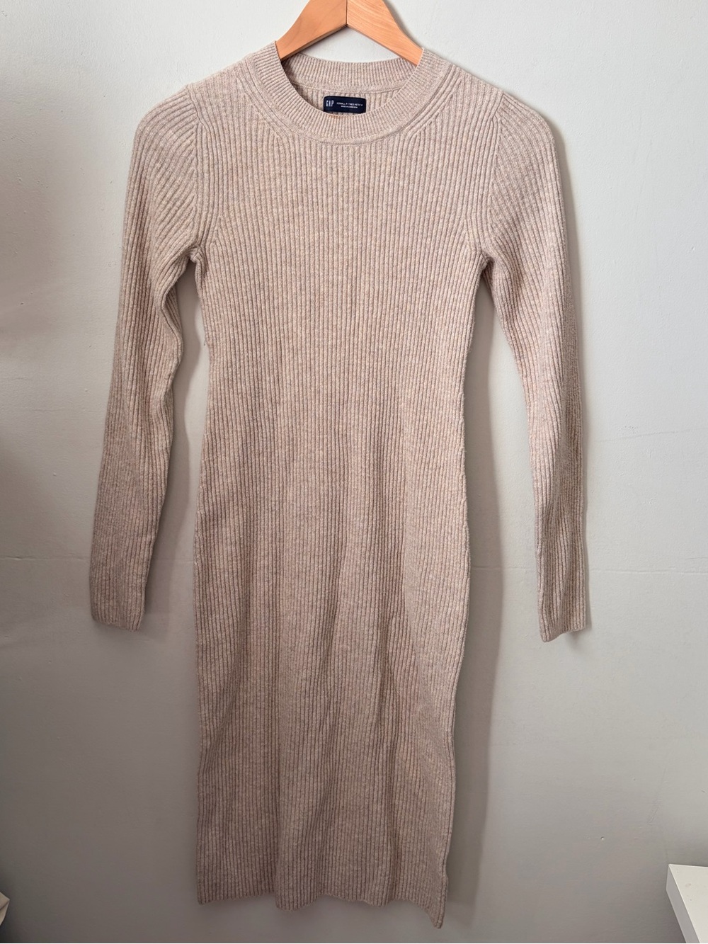 GAP Oatmeal Beige Ribbed Midi Bodycon Knit Sweater Dress XS Petite
